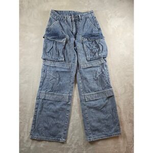 SHEIN Jeans Womens Petite Small Blue Denim Cargo Carpenter Utility 28" Inseam